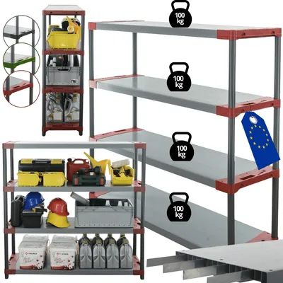 Produktbild von MODO24 Kunststoffregal, 4 Ablagen, 100kg/Boden, Schwerlast, Steckregal, Lagerregal, Plastikregal, Werkstatt, 138x150x46?cm, Rot, TYTAN