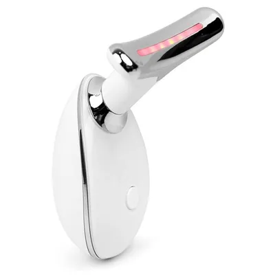 A white, handheld electronic device with a silver, angled head that has red LED lights.