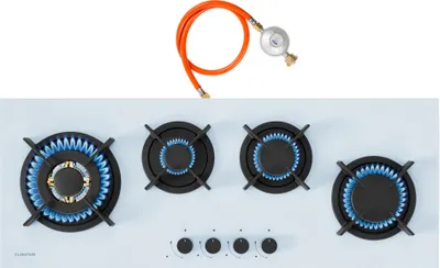Image de Klarstein Goldflame 4 Slim Plaque De Cuisson Gaz, 4 Brûleurs En Laiton, Allumage SnapJet, Sécurité Anti Extinction de Flamme, 90 x 11 x 35 cm, Plaque Gaz Compacte Avec Tuyau & Réducteur, Blanc