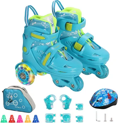 Image de (bleu clair, M (30-33)) Patins à roulettes pour enfants avec roues LED éclairées pour enfants, patins à roulettes, chaussures pour Inclus un set de 6 protections pour 5-8 ans