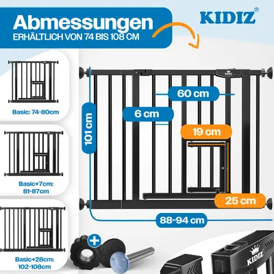 Produktbild von KIDIZ® Absperrgitter zum Klemmen mit Katzenklappe, Türschutzgitter, Autoclose Kinder Treppengitter ohne Bohren | 90° Stopp Schutz, schwenkbar, Treppenschutzgitter