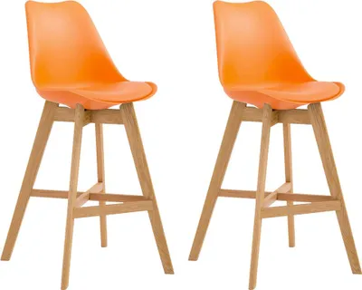 Image de CLP - Ensemble de 2 tabourets de bar Cannes, en plastique, avec dossier et repose-pieds. Couleur : orange. Structure : couleur naturelle