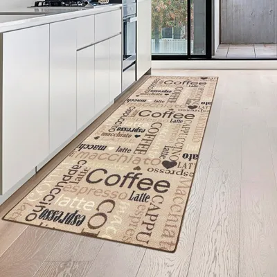 Produktbild von Küchenläufer in beige mit Gelrücken und schwarz braunem Schriftzug Größe - 80 x 250 cm