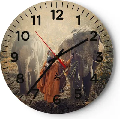 Produktbild von Wanduhr - Rund - Glasuhr - Elefant Mönch Dschungel - 40x40cm - Schleichendes Uhrwerk - Lautlos - zum Aufhängen bereit - Dekoration Modern - Wanddekoration aus Glas - C4AR40x40-3453