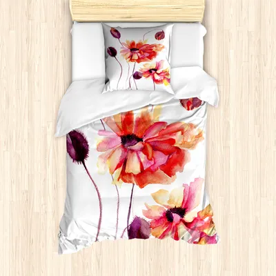 Produktbild von ABAKUHAUS Blumen Mantele, Aquarell Mohnblumen-Knospen, Milbensicher Allergiker geeignet mit Kissenbezügen, 135 cm x 200 cm - 80 x 80 cm, Peach Scarlet Lila