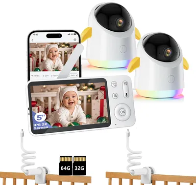 Obrázek produktu pro Dětská chůvička se 2 kamerami a APP 2K/5,0" WLAN chůvička s rozdělenou obrazovkou PTZ 360° 4x zoom IR/RGB noční vidění s 2*mount s 32G & 64G
