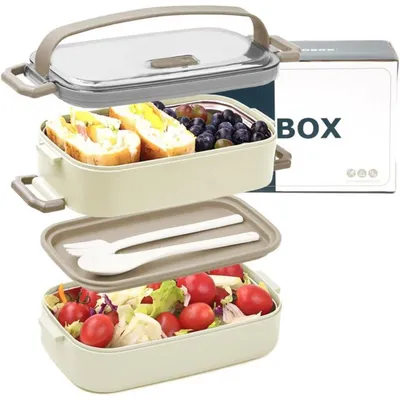 Immagine prodotto di Contenitore per il pranzo in acciaio inossidabile, capacità 1100 ml, contenitore Bento con scomparti e set di posate, colore beige