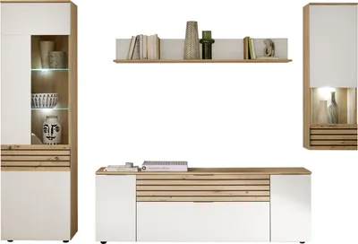 Produktbild von HBZ-MEBLE, Wohnwand, Artisan Eiche, Weiß matt, LED-Beleuchtung, 265 x 199 x 37 cm, 4-teilig, Glasteilfronten, Akustik Lamelle Optik
