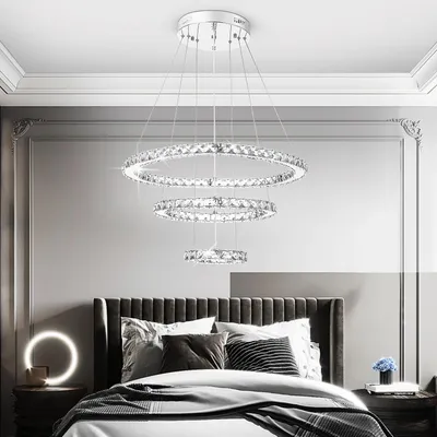 Image de Plafonnier LED à cristaux - Lustre à 3 anneaux - 60 W, intensité variable - Télécommande - Couleur de lumière réglable - Montage en saillie - 100–265 V CA - Blanc