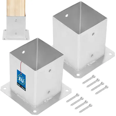 Two metal post bases with screws are shown on a white background. A wooden post is visible in the background, attached to a similar metal base.