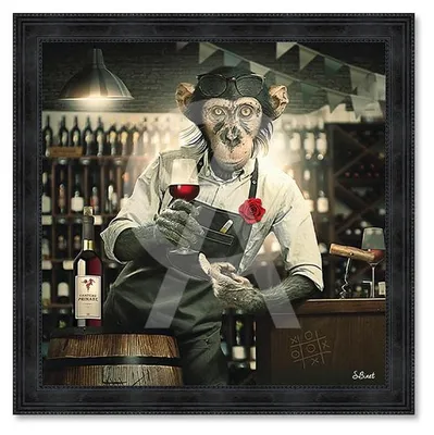 Image de Cadre en bois avec impression en PVC vernis "Singe Caviste" - Noir - 40 x 40 cm - Collection Binet