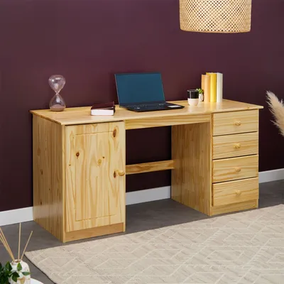 Produktbild von Schreibtisch MANAGER, natur - Bürotisch mit 4 Schubladen und Fach, Computertisch mit Stauraum aus Kiefer Massivholz,  PC-Schreibtisch, klassisch