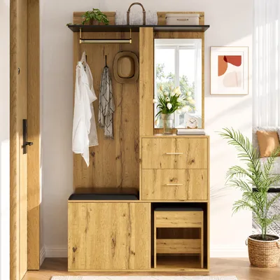Produktbild von Merax Garderobenschrank mit LED per APP und Spiegel, Schuhschrank mit Sitzbank mit Stauraum, Garderobe Set mit 2 Schubladen, Schminktisch, Natur