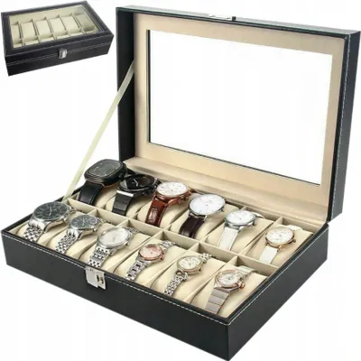 Produktbild von Uhrenbox Uhrenkoffer mit Glasfenster bis 12 Uhren und Uhrenkasten Abnehmbaren Uhren Kasten Uhrenkissen Organizer Uhrenschatulle Kunstleder Schwarz Retoo