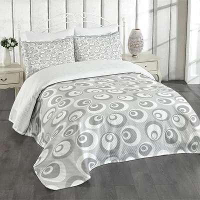 Produktbild von ABAKUHAUS Psychedelisch Tagesdecke Set, Kreise wie verschachtelte Augäpfel abstraktes künstlerisches Muster-moderner dekorativer Druck, 264 x 220 cm, Weiß grau