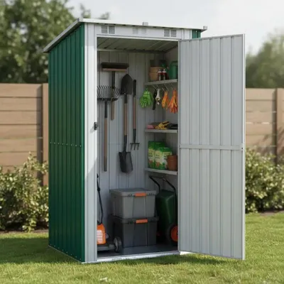 Imagen del producto de Casa de jardín - Cobertizo metálico para herramientas de 118,5 x 97 x 209,5 cm - Impermeable - Acero galvanizado - Puerta con cerradura - Techo a un agua - Para herramientas de jardín - Color verde militar
