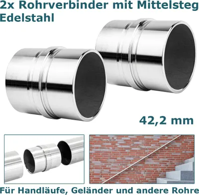 Produktbild von 2x Edelstahl Rohr Verbinder Rohrverbinder mit Mittelsteg für 42,2 mm Rohre Edelstahlrohr Fitting für Geländer Handlauf Balkon Verbindung V2Aox