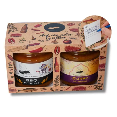 Produktbild von Grill Honigsüße Geschenk Box 2er Set | BBQ und Curry im Honig je 250g | Gastgeschenk mit Grußfeld | Grega's Imkerei