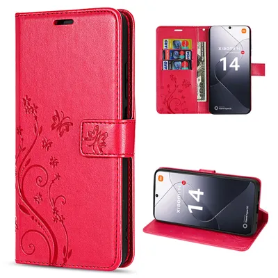 Produktbild von Hülle Xiaomi 14 Handy Tasche Handyhülle Wallet Case Flip Cover Blumen Klapphülle Rot