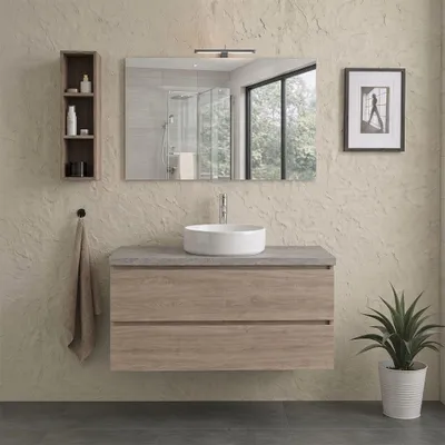 Immagine prodotto di Mobile bagno sospeso 100 cm casetti Rovere con top Beton e specchio 100x60 con lampada | Berlin