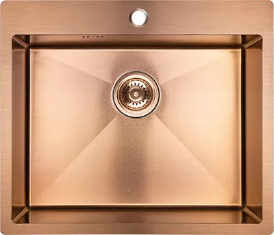 A top-down view of a rose gold kitchen sink with a drain.