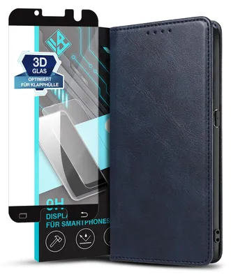 Produktbild von Handyhülle für Samsung Galaxy S7 mit 9H Displayglas Kunstleder Flip Cover Hülle Klapphülle Case Kartenfach Farbe: Blau