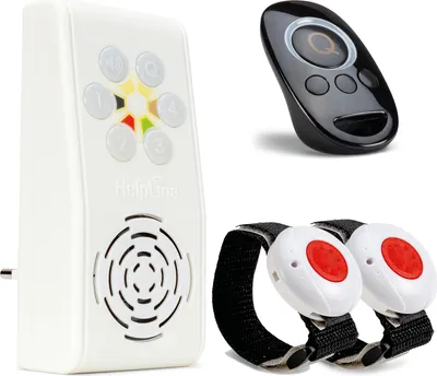A collection of personal emergency response system devices, including a base unit, a remote control, and two wristbands with buttons.
