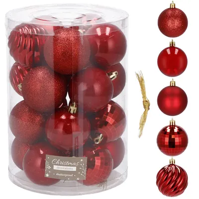 A clear, well-lit product shot of red Christmas ornaments in a clear plastic container, with additional ornaments displayed individually to the right.