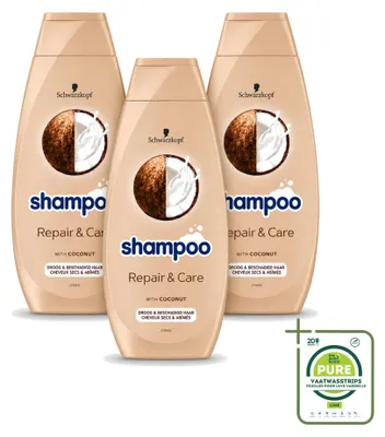 Image de 3 bouteilles de shampooing Schwarzkopf Repair & Care pour cheveux abîmés - 400 ml - Lot de 3