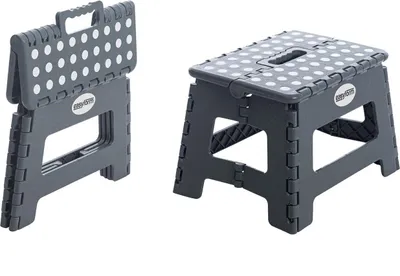 A gray foldable step stool is shown in both folded and unfolded states.