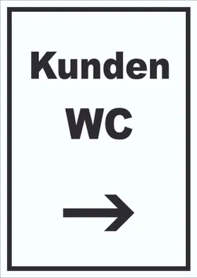 Produktbild von Kunden WC Schild mit Text und Richtungspfeil rechts Toilette hochkant A5 Rückseite selbstklebend