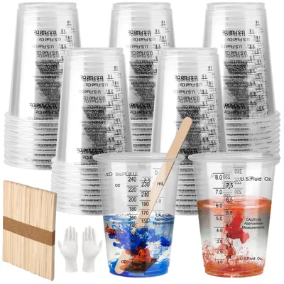 50 Messbecher 240 ml mit Skala und Holzstäbchen