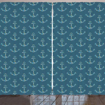 Immagine prodotto di ARANDE Tenda con ancore, ancore stilizzate con figure marittime, pesci, animali marini sottomarini, 280 x 175 cm, blu petrolio, azzurro cielo