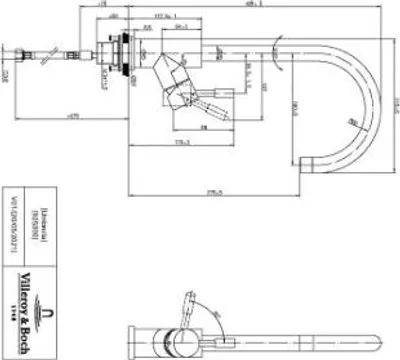 Technical drawing with dimensions and annotations for a Villeroy & Boch faucet.