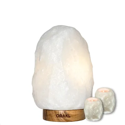 Produktbild von Orakl® - Dimmbares Salzlampenset Bliss - 2-4 KG - Salzlampe und 2 Teelichter - 100% echtes Salz - Salzkristall-Lampe Weiß - Salzlampe Weiß - Salzstein
