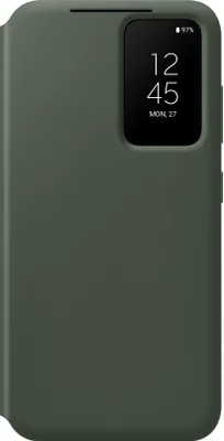 A dark green phone case with a transparent window showing the time and date.