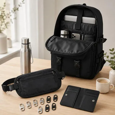 Immagine prodotto di Set da viaggio ProximaX composto da 5 elementi: zaino per laptop, marsupio e borraccia, con tecnologia RFID