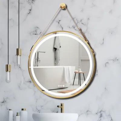 Produktbild von WISFOR LED Badspiegel Rund, 80cm LED Wandspiegel Badezimmerspiegel mit Beleuchtung, 3 Lichtfarbe 3500-6500K Dimmbar Beschlagfrei Lichtspiegel mit Touchschalter IP44, Gold