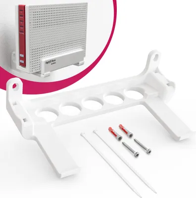 A white plastic router wall mount with screws and cable ties, shown with a router in the upper left corner.