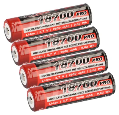 Immagine prodotto di 4x batteria Kraftmax 18650 18700 Pro con circuito di protezione PCB - specialmente per torce LED 3,7V 9,62 Wh
