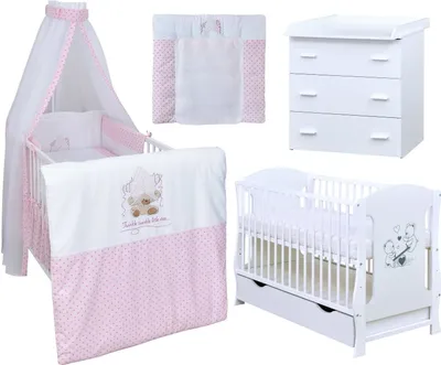 Produktbild von Baby-Delux Babyzimmer Babybett Wickelkommode Weiss Bettwäsche Komplett Twinkle Star Rosa