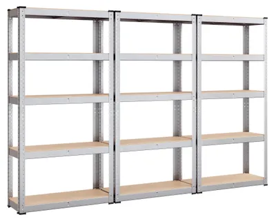 Produktbild von SONGMICS Schwerlastregal, 3er Set, Kellerregal, Lagerregal, 30 x 75 x 150 cm, Regal mit Stahlgestell, bis 650 kg belastbar, 5 verstellbare Ablagen, silbern GLR030E03