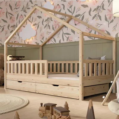 Produktbild von Crazy Pine Hausbett mit Schubladen 200x90 cm – Kinderbett aus Naturholz – Bodenbett mit Stauraum und Abnehmbarer Barriere - Crazy House