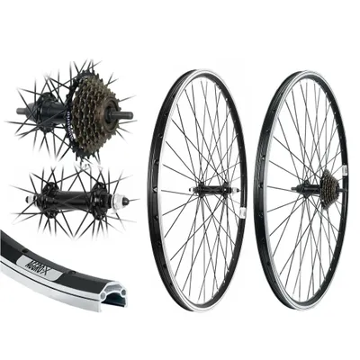 Produktbild von Aggro-X 28 Zoll Laufrad Set schwarz Vorderrad Hinterrad Felge Hohlkammer V-Profil + 7-Fach Shimano Kranz