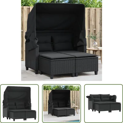 Produktbild von The Living Store Gartensofa 2-Sitzer mit Dach und Hockern Schwarz Poly Rattan