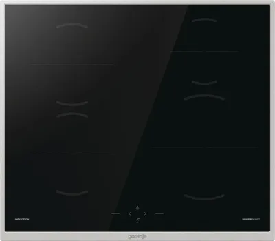 A top-down view of a black induction hob with silver trim.