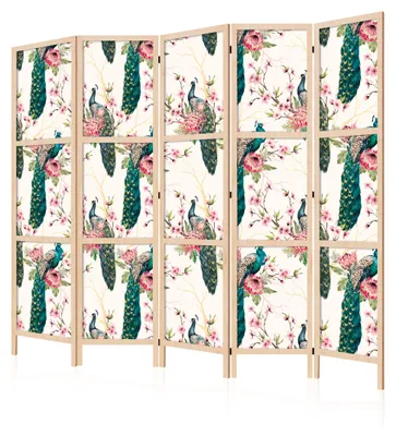 Produktbild von LUMASOUL Japanische Trennwand Paravent Raumteiler 225x172 cm Vogel5 teilig Dekorativ, Shoji-Stil, faltbar, freistehend, als Sichtschutz für Wohnräume
