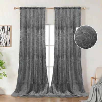Produktbild von 2er Set Samtvorhänge Blumen Muster Blickdicht Samt Vorhang Multifunktionsband Gardinen für Schlafzimmer Wohnzimmer, Grau, H183xB132cm
