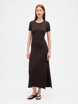 Produktbild von GAP geripptes knöchellanges Kurzarm Maxikleid Braun XS mit Rundhalsausschnitt und Schlitzen