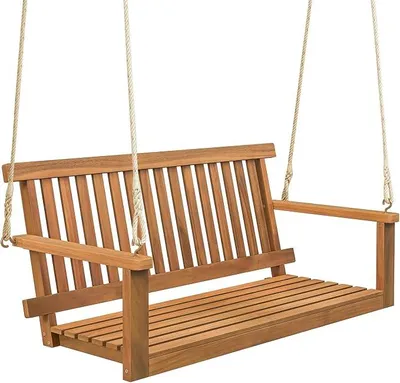 Imagen del producto de Banca columpio colgante para 2 personas, banca columpio para exteriores, hamaca estilo "Hollywood" hecha de madera de acacia maciza, hamaca para terraza, columpio de jardín para colgar, dimensiones: 130 x 63 x 57 cm, capacidad de carga máxima: 360 kg